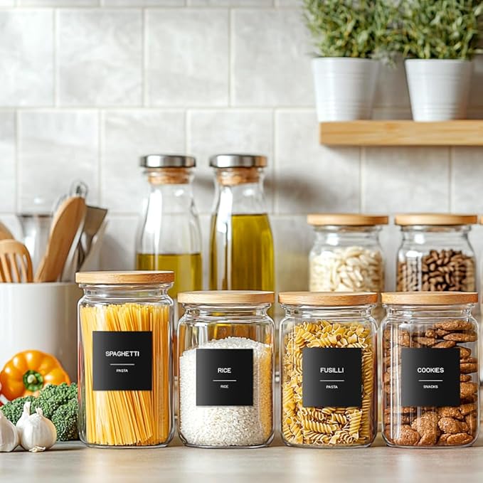288 Pantry Labels for Food Containers, Black Preprinted Minimalist Waterproof Stickers for Organizing Storage Bins, Jars and Kitchen