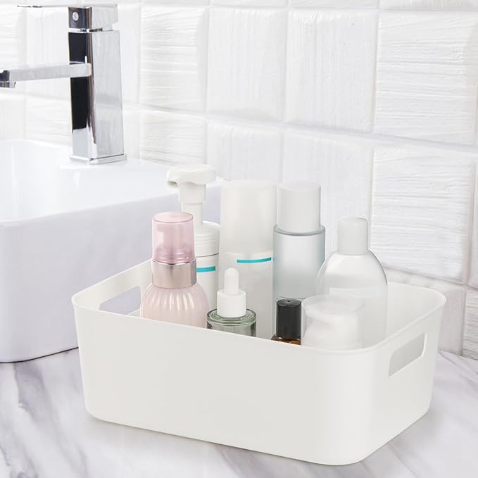 Peohud 5 Pack White Plastic Storage Bins, Pantry Organization and Storage Baskets with Handles, Open Plastic Storage Container for Home, Kitchen, Office, Shelves, Cabinet, Under Sink Organizer