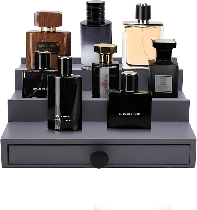 3 Tier Cologne Organizer for Men - Wooden Cologne Perfume Display Stand with Drawer and Hidden Compartment, Mens Cologne Rack Holder Shelf for Organizing and Storing