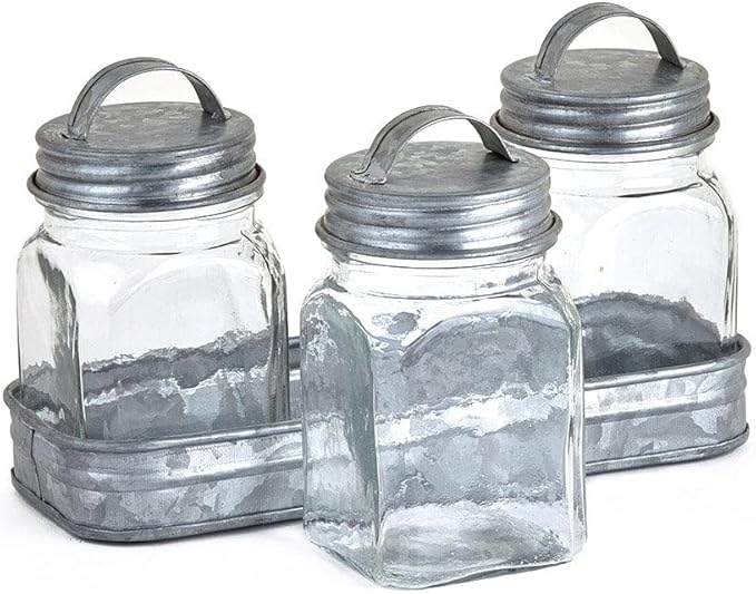 Set of 3 Glass Canisters in Galvanized Tray - Canisters in Tray Black