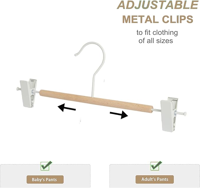 Premium Matt Metal Pants Hanger 20 Pack Smooth Beech Wood Pants Bar,Solid Natural Wooden Pant Bottom Hangers, Trouser Hangers for Slacks Jeans with 2-Adjustable Anti-Rust Clips (Pant Hanger)