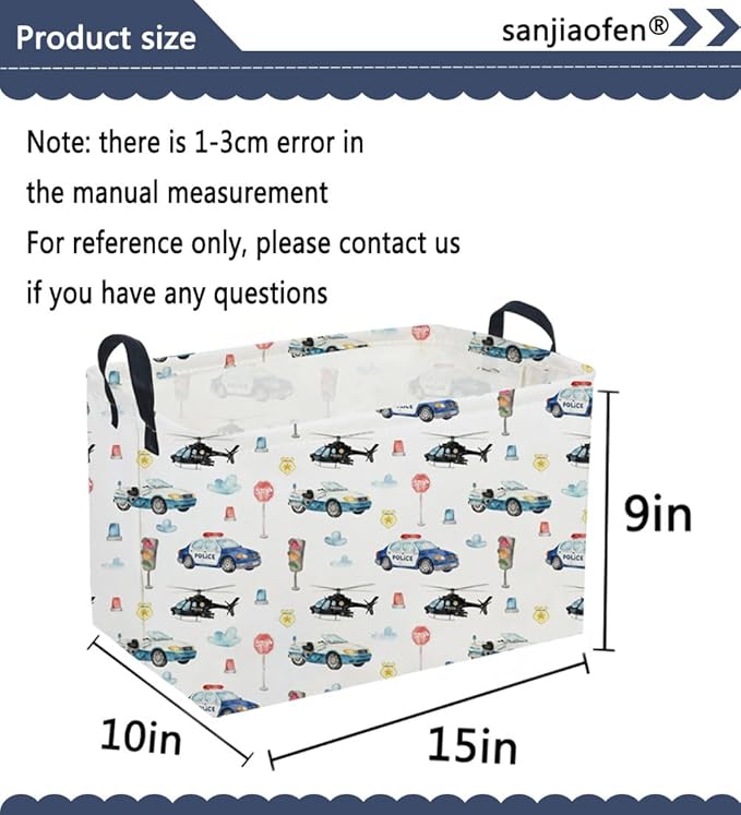 Sanjiaofeng Rectangular Police Car Storage Basket,Boys Toy Storage Bin,Nursery Hamper,Kids Storage Basket with Handles for Car Decor,Home Organizer,Books Box,Gift Baskets(Police Cars)