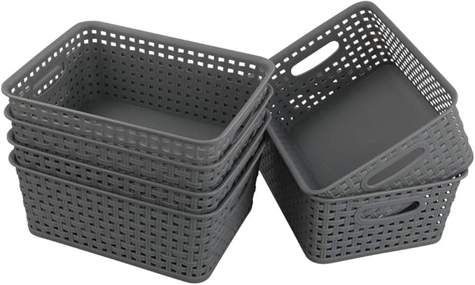 Sandmovie Grey Plastic Rattan Storage Baskets, 6 Packs