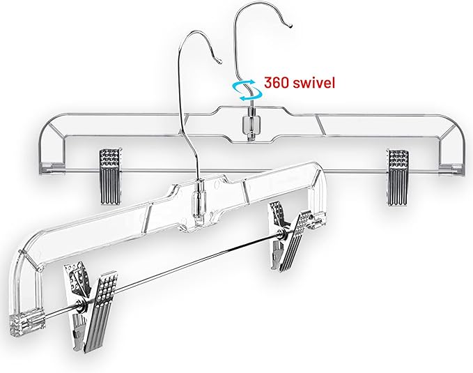 DEILSY™ Pants Hangers with Clips 12 Pack – 14 Inch Clear Plastic Skirt Hangers, 360° Swivel Hook, Clip Hangers for Pants, Skirts, Jeans, Shorts & Trousers – Space Saving, Non-Slip