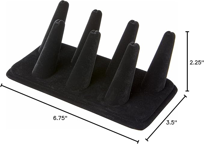 Plymor Black Velvet Ring Finger Display, Seven on Rectangular Base, 6.75" W x 3.5" D x 2.25" H (Pack of 6)