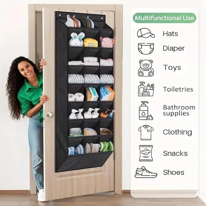 Over the Door Shoe Organizer, 24 Large Deep Pockets, 8-Tier, Non-Woven Fabric, Black, 20.80 x 7.90 x 62.20 in