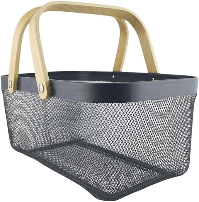 Metal Mesh Basket with Bamboo Handles, 15.7x11x7 inches.Choose from Gray, White, or Black to match your décor, Storage Organizer 40 cm (Grey)