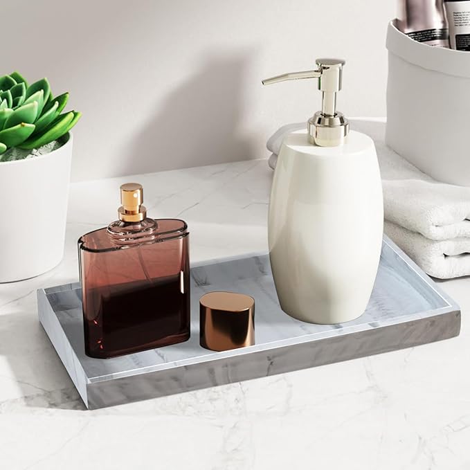 2PCS 7.87” L x 3.93” W Silicone Soap Dispenser Trays, Bathroom Sink Vanity Tray for Dresser Tops, Toilet, Tray for Scrubber, Lotion Bottles, Perfume, Jewelry, Candle, Key Trinket Ring-White Marble