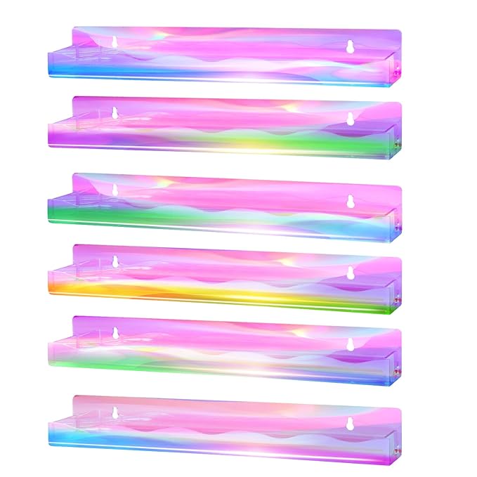 6 Packs Iridescent Nail Polish Wall Mounted Organizer, 15" Rainbow Floating Shelves, Acrylic Nail Polish Wall Rack for Paint, Tattoo Ink, Essential Oils, Makeup Storage Display Stand