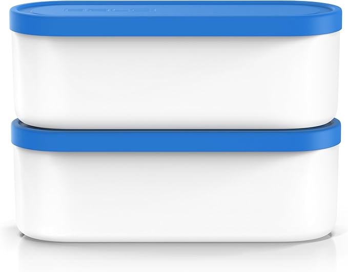 BALCI Ice Cream Containers - 2 Quart Ea. (Set of 2) - Premium Reusable Freezer Storage for Homemade Ice Cream Tub for Sorbet, Frozen Yogurt - Flexible Silicone Lids, Long Scoop, Stackable - Blue