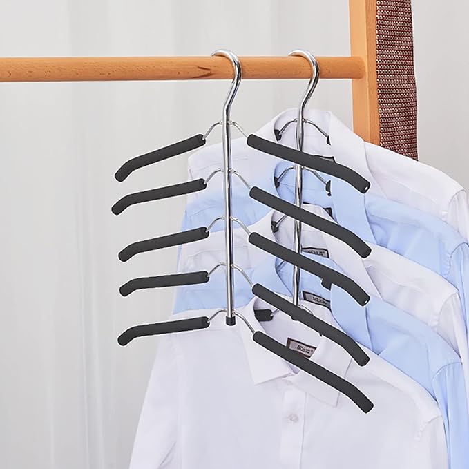 3-Pack 5-in-1 Space Saving Blouse Hangers - Non-Slip Padded Swing Arm Coat Hangers, Heavy Duty Stainless Steel for Shirts & Sweaters (Black)