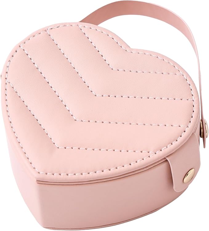 CASEGRACE Small Travel Jewelry Case, Elegant Heart Shaped Design with Detachable Handle,Portable Jewelry Organizer Box for Necklace Rings Earrings,Jewelry Storage for Women Girls (Pink)