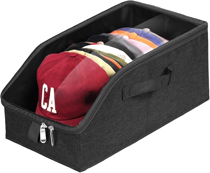 Livelab Hat Organizer for Baseball Caps, Hat Storage Holder Container for Closet Hold Up to 24 Caps with Clear Window, Hat Boxes for Home Storage | 2Pcs Black