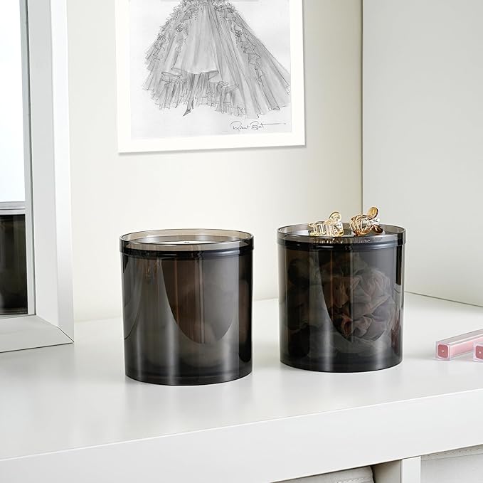 SheeChung 2-Pack Large 20oz Black Stackable Qtip Holder - Translucent Apothecary Jars with Storage Lids - Modern Bathroom Countertop Organizer for Cotton Balls, Pads, & Salts