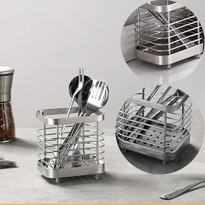 Stainless Steel Utensil Holder - Countertop Drying Caddy for Cutlery, Rust-Proof Organizer (Silver plus)