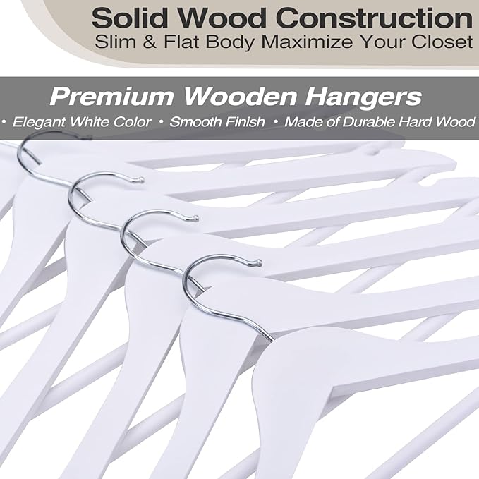 FairyHaus Wooden Hangers 30 Pack White, Slim Wood Coat Suits Hanger with 360° Swivel Hook, Notches and Pants Bar, Smooth Finish and Lightweight for Closet Clothes