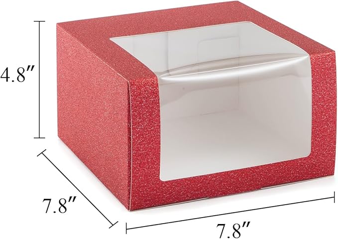 LADYBRO 10 Pack 7.8" x 7.8" x 4.8" Black Gift Boxes with Window Display for Hat Storage Containter for Baseball Caps (Fitted, Snapbacks, Trucker) (Glitter Red, 7.8" x 7.8" x 4.8")