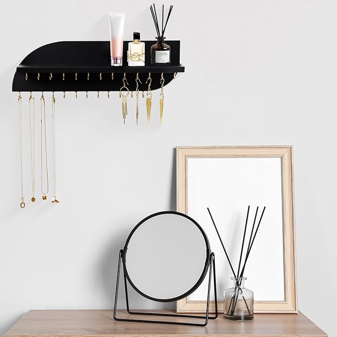 Hanging Jewelry Organizer with 25 Hooks and Cosmetics Shelf, Modern Wood Wall Mounted Jewelry Holder for Necklaces, Bracelets, Earrings and Rings, Black