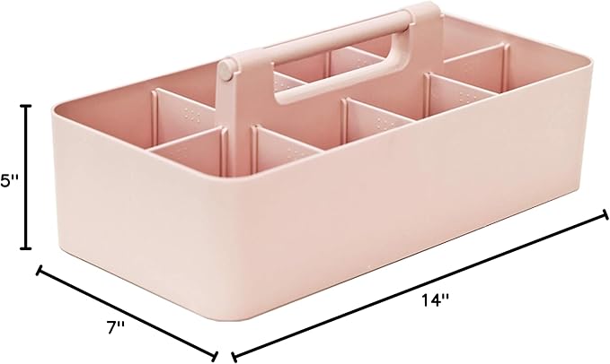 New Plastic Portable Makeup Organizer Caddy Tote Divided Basket Bin with Handle, for Bathroom Storage Made In USA (Indie Pink)