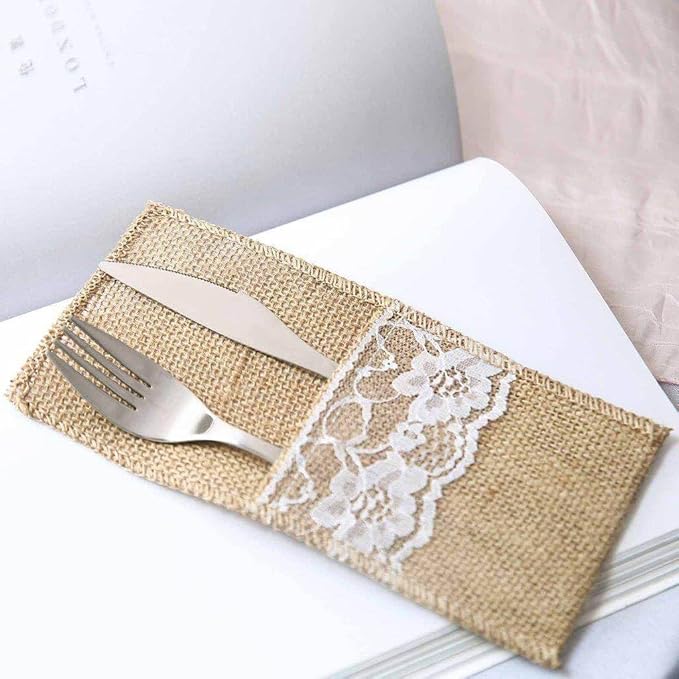 Efavormart 10 Pack Natural Burlap and Lace Silverware Holder Pouches, 4"x8" Rustic Cutlery Pockets for Weddings, Country Parties, and Vintage Themed Table Decor