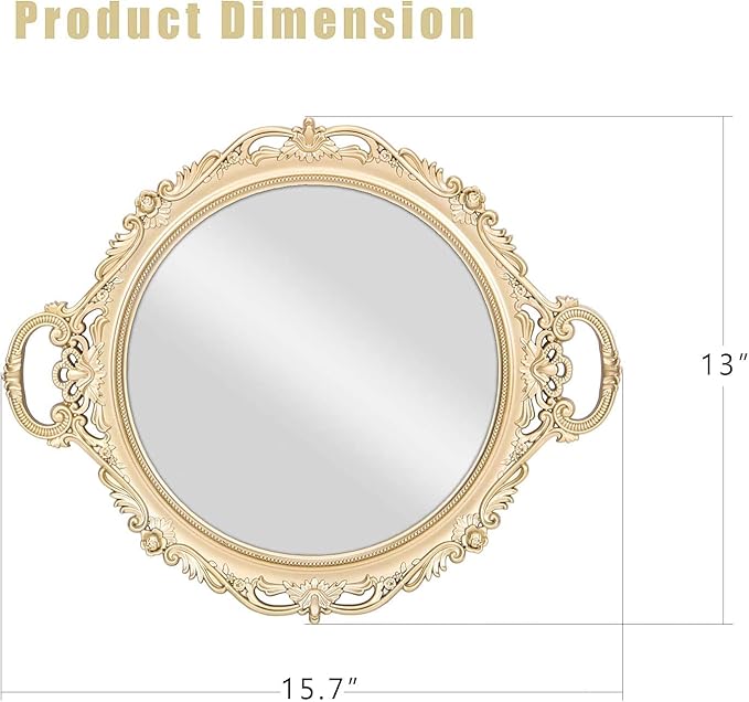 YANIZU Decorative Mirror Tray, Round with Handles, Organizer for Perfume, Makeup, Jewelry, Vintage Display and Serving Tray for Dresser, Counter and Coffee Table, 15.8" x 13", Gold