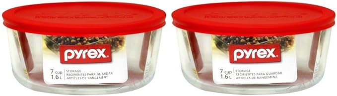 Pyrex 7203 7-Cup Glass Bowl and 7402-PC Red Lid (2-Pack) - Made in USA