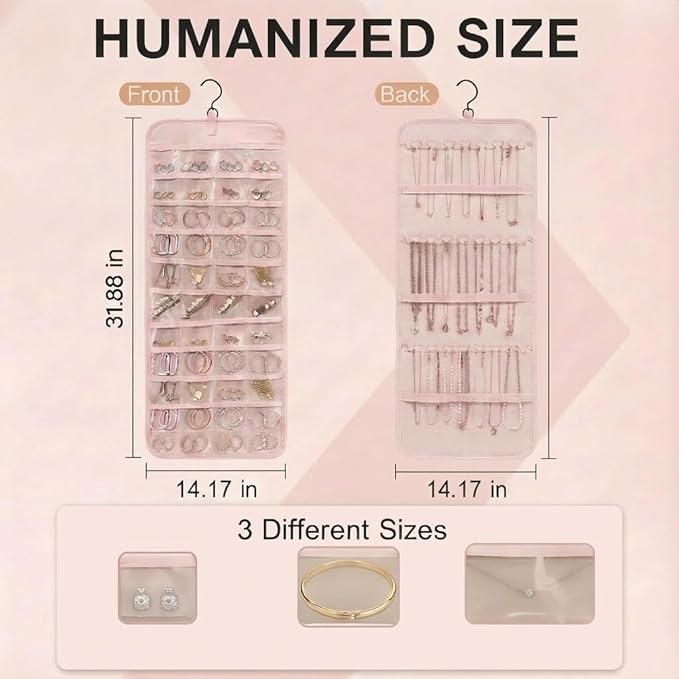 Hanging Jewelry Organizer, Dual-Sided Necklace Holder with Multiple Clear Pockets - Wall Mount & Over The Door Closet Storage for Earrings, Rings, Bracelets - 360° Rotating Hanger (1, pink, XL)