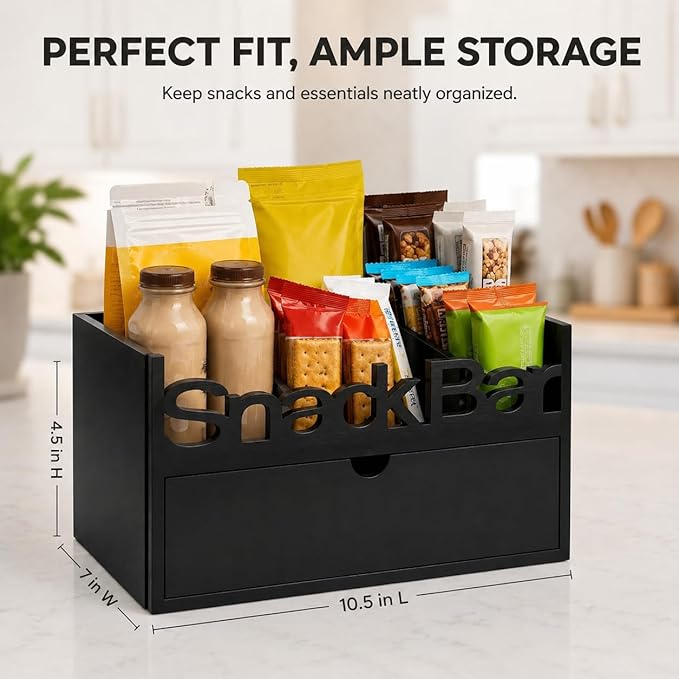 Snack Bar Organizer – Black 3 Compartment Station with Drawer, Countertop Pantry Organizer for Kitchen, Office Food Holder, Candy Storage Bin, Display Stand, Cabinet Tray & Shelf
