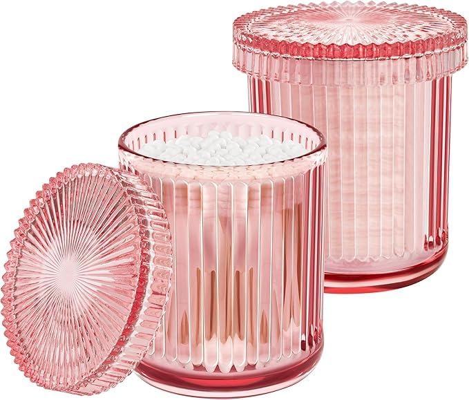 2 Pack Glass Qtip Holder Dispenser Set - Bathroom Organizer for Cotton Swabs, Balls, Pads, Floss Picks - Clear Apothecary Jars for Vanity, Makeup Storage, Bathroom Accessories Decor (Pink)