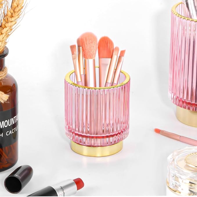 Vintage Makeup Brush Holder Organizer,Dresser Glass Brushes Holder,Vanity Cosmetic Brush Holder,Desktop Crystal Eyeliners Eyebrow Pencil Storage Cup Holder for Countertop (Small Pink)