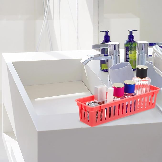 Domensi 12 Pack Slim Plastic Storage Baskets Tray for Organizing 10.25x3.25x2.5 Inch Small Narrow Storage Bins Stackable Drawer Pencil Trays Holder for Desk Garage Cabinet Container (Bright Color)