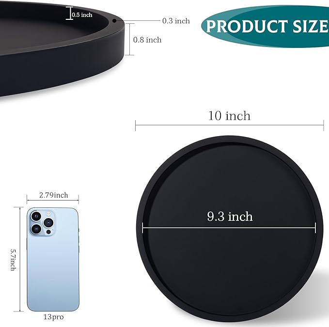 Silicone Bathroom Tray Round Vanity Tray Decorative Soap Holder Kitchen Countertop Organizer Coffee Table Decor for Candle, Perfume, Plant, 10 Inch, Black