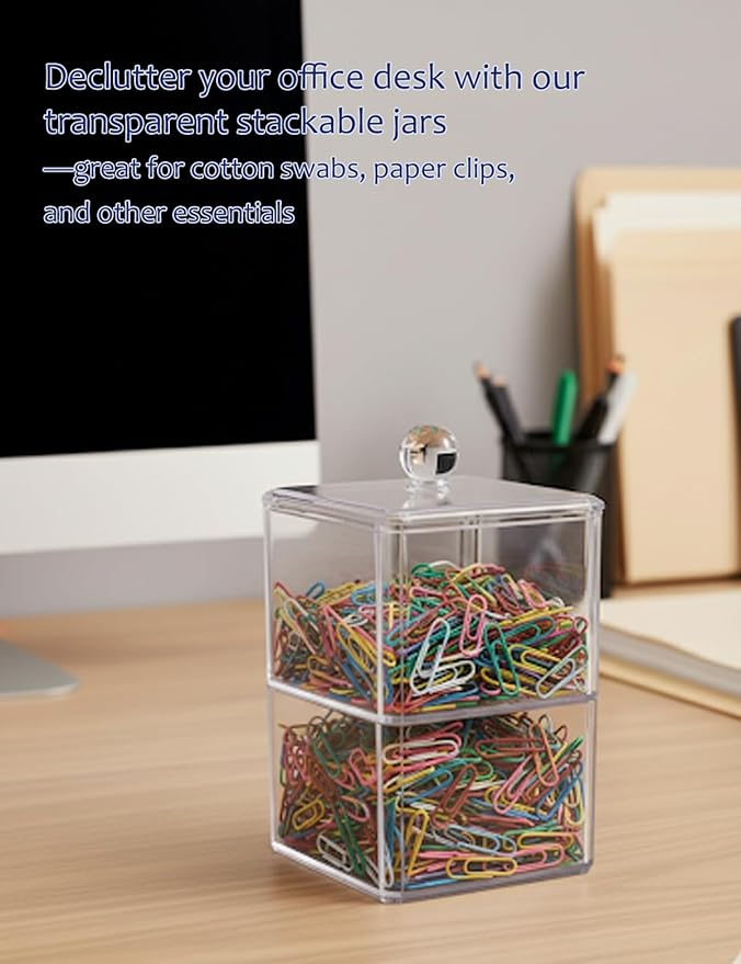 Cotton Swab Holder with Clear Plastic Lid, Double Layer Cotton Bud Dispenser, Premium Plastic Organizer for Guest Bathroom Vanity, Floss Pick & Hair Tie Storage Container
