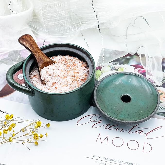 8 oz Ceramic Salt Cellar with Lid & Wooden Spoon,Countertop Salt Container,Sugar Bowl,Spices Jar| Artisan Kitchen Decor(Deep Blue)