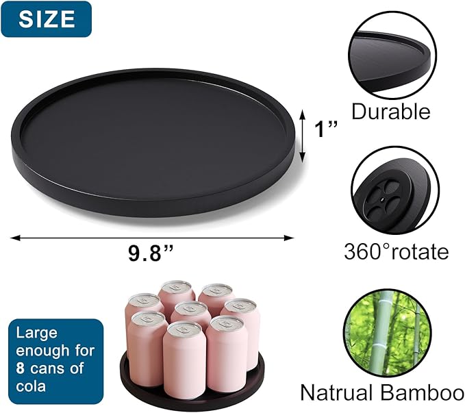VERTORGAN Lazy Susan Organizer for Kitchen,Bamboo Turntable for Cabinet,Pantry,Vanity,Middle(Black)