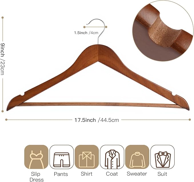 Wooden Hangers 30 Pack Solid Wood Hangers,Heavy Duty Coat Hangers for Closet, Wooden Clothes Hangers for Suits, Shirts, Pants, Jackets(Walnut)