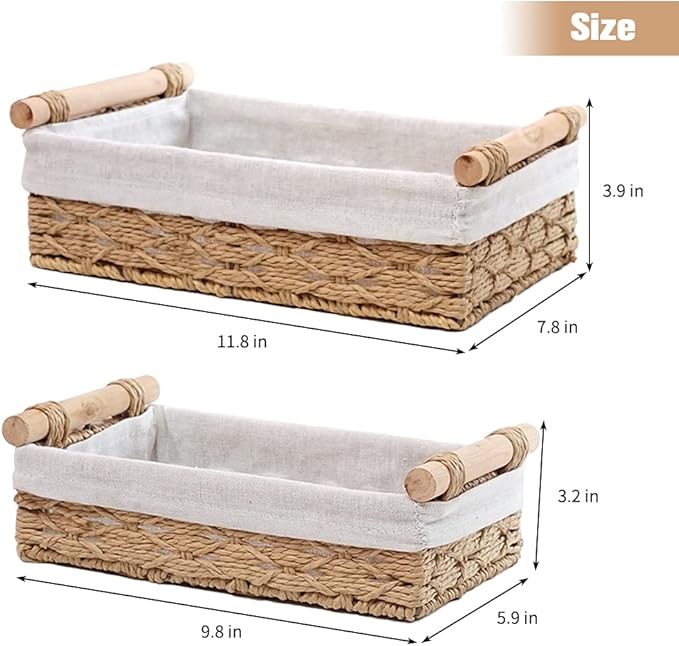Round Paper Rope Storage Basket, Wicker Baskets for Organizing with Handle, Decorative Bins for Countertop, Toilet Paper Basket for Toilet Tank Top, Small Baskets Set (Set of 2,Beige)