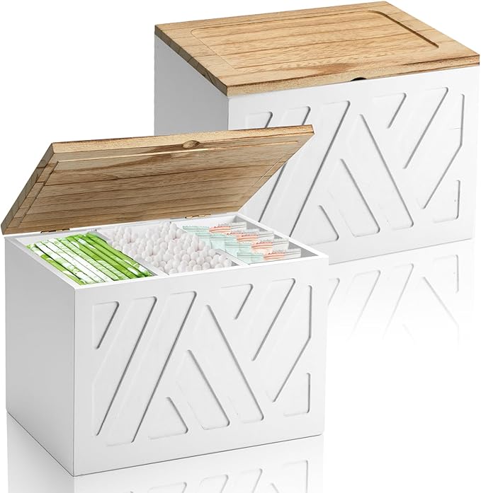 2Pcs Tampon Holder for Bathroom Decor, Feminine Product Organizer, Shark Week Tampon Storage with Lid, Wood Pad Box for Toilet, Lady Girl Stuff Organizer Case Bathroom Accessories- White