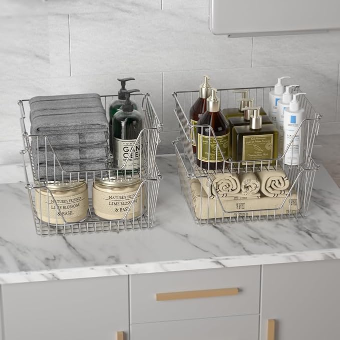 Slideep Large Stackable Storage Baskets Cabinet Organizer Sturdy Metal Wire Pantry Freezer Bin for Pantry Home Bathroom Kitchen Organization 4 Packs