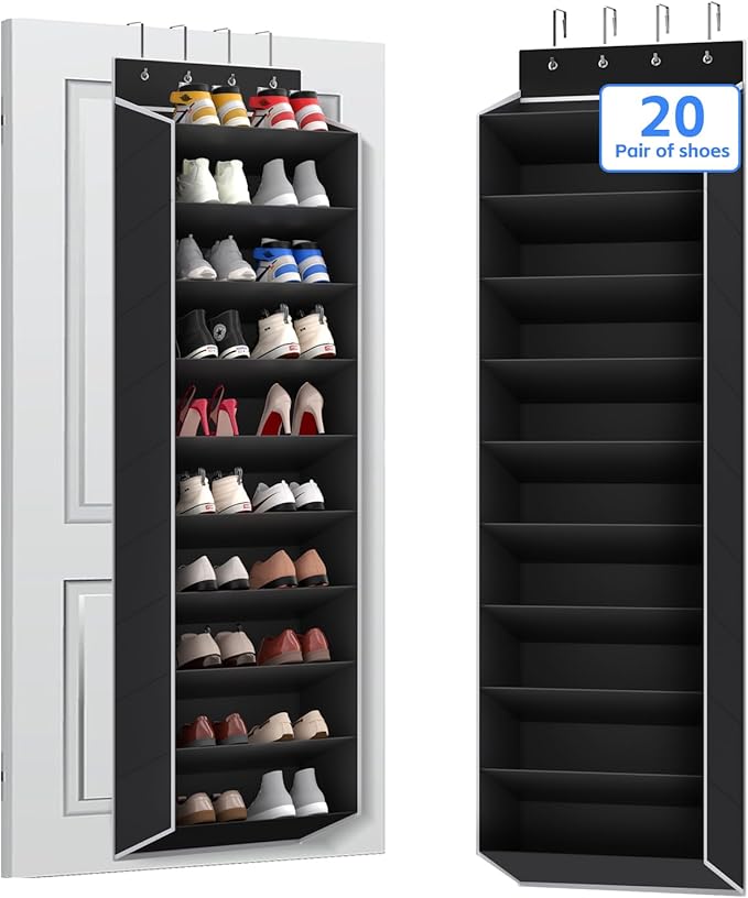 REGELETO 10 Tiers Large Size Over the Door Shoe Organizer Storage, Hanging Shoe Rack for Door with Deep Pockets, Fit 20 Pairs Shoe Organizer Holder for Sneakers and Boots (Black)