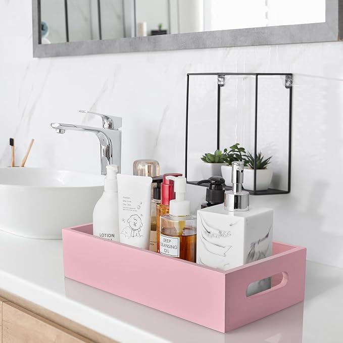 ALELION Pink Bathroom Basket for Organizing - Wooden Toilet Tank Paper Basket with Handle for Back of Toilet Tank Top Organizer - Pink Kitchen Bathroom Decor Accessories