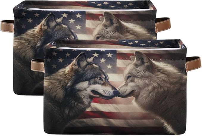 Large Storage Basket Wolf Usa Flag Storage Bin Cube Canvas Fabric Organizer Handles Collapsible for Clothes Toys Bedroom Decorative
