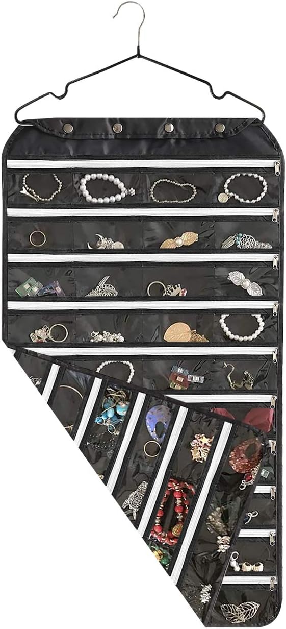 BB Brotrade Hanging Jewelry Organizer with Oxford Double Side 80 Zippered Storage Pocket (black)