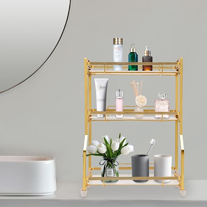 3 Tier Bathroom Countertop Organizer, Gold Bathroom Vanity Counter Organizer with Small Storage Basket for Skincare Makeup Perfume (White)