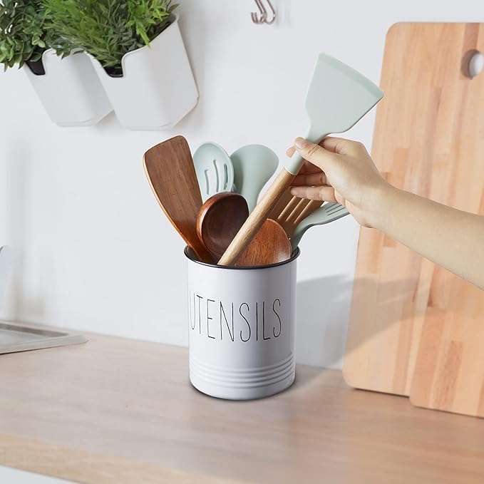 Bivvclaz Kitchen Utensil Holder, 6.7" Utensil Holder for Kitchen Counter, Cooking Utensil Crock with Cork Bottom, Modern Farmhouse Decor, Countertop Utensil Storage Caddy Organizer, White