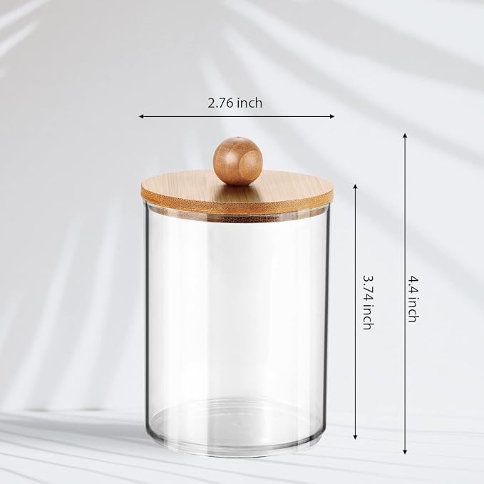 Amolliar 2 Pack Qtip Dispenser with Bamboo Lids - 12 Oz Clear Plastic Apothecary Jar for Vanity Makeup Organizer Storage - Bathroom Decor for Q-Tips Cotton Swabs, Cotton Balls, Pads, Floss