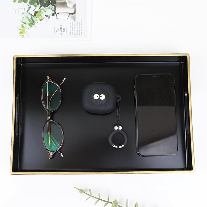 Spsyrine Black Bathroom Vanity Tray with Handles for Dresser Tops, Countertop, Perfume Decorative Tray, 11.8” * 7.87” *1.37”