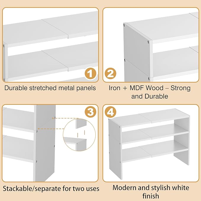 X-cosrack 3-Tier Shoe Rack for Closet, Shoe Organizer for Front Door Entrance Expandable Shoe Shelf, Stackable Iron Shoe Storage Shelves for Closets, Entryway, Hallway, Garage,White