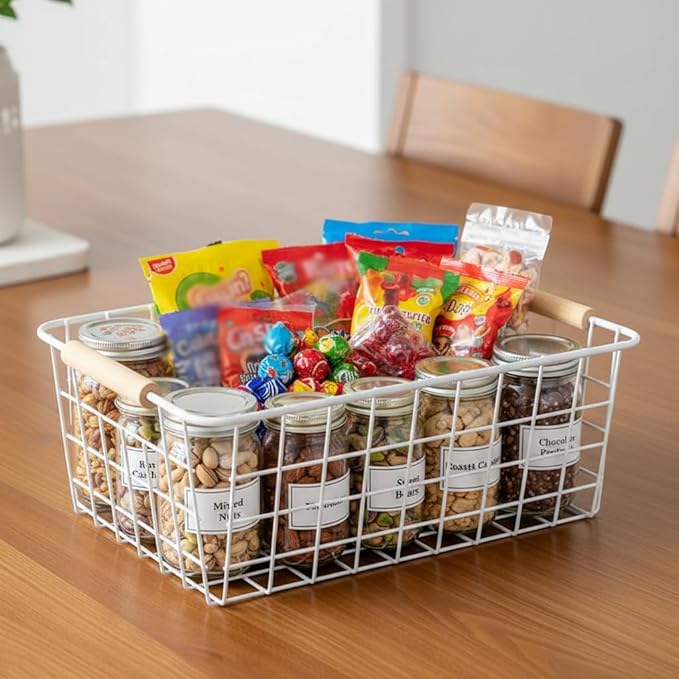 LeleCAT White Wire Baskets for Organizing with Handles,Pantry Organizers and Storage For Kitchen, Household Snack Basket for Cabinets, Closets, Bedrooms,food - Set of 4(White)