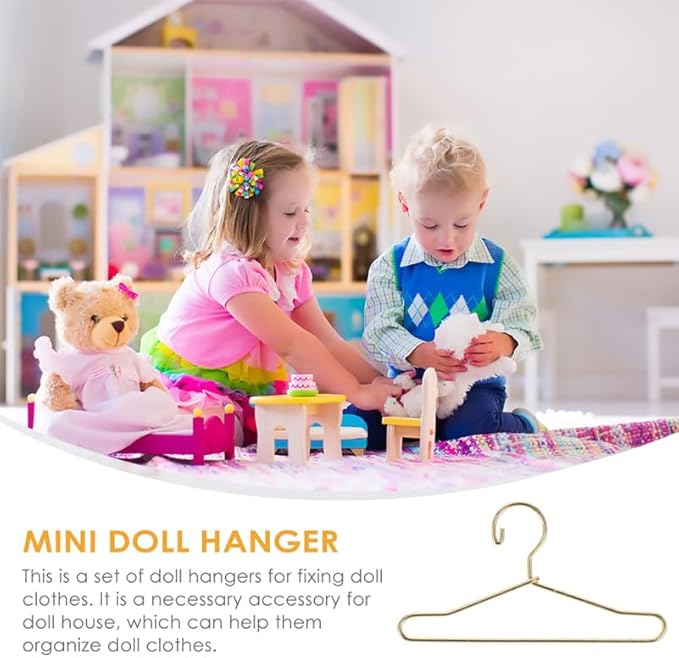 Abaodam 10pcs Mini Hanger Wire Hangers Dress Outfit Holders Mini Doll Coat Hanger Baby Dolls Baby Closet Hangers Gold Black Doll Playhouse Metal Wardrobe Fashion Toddler, Golden